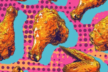 A playful pattern of pop art-style fried chicken wings set against a polka-dotted, brightly colored background.