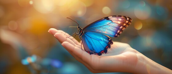 A blue, fragile butterfly flies on the fingers of a woman in harmony with nature, creating beauty magic in a macro shot. - obrazy, fototapety, plakaty