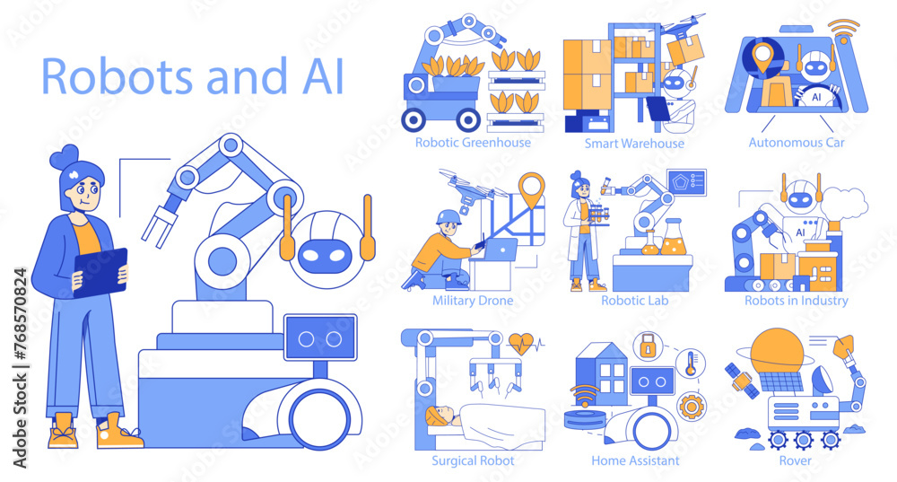 Poster robots and ai set. vector illustration.