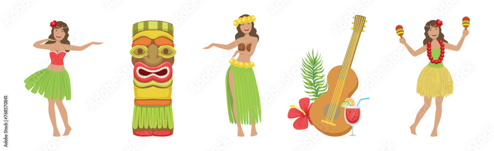 Aufkleber hawaiian object and item of beach resort vector set