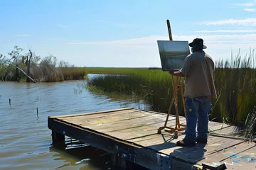 Deurstickers painter on pier with easel capturing the swamp landscape © studioworkstock