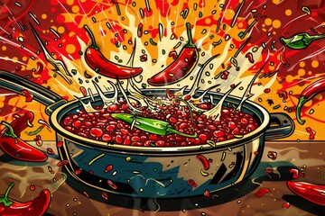 A high-energy pop art image showcasing an animated pot of chili with splashing beans and fiery peppers against a lively background. - 768570839