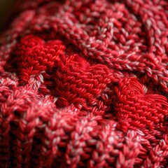 A close-up of knitting with red yarn the pattern forming tiny hearts