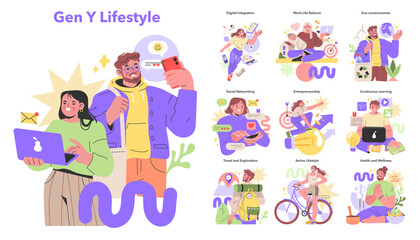 Generation Y set captures the multifaceted lifestyle of young adults. Vector illustration - obrazy, fototapety, plakaty