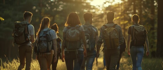 A group of friends trekking through the forest with backpacks on their backs. - obrazy, fototapety, plakaty