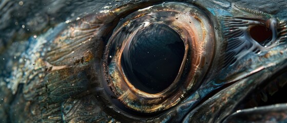 A dramatic close-up of a tunas eye with intricate details that reflect the complexity and mystery of marine life - obrazy, fototapety, plakaty