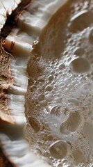 Naklejka premium A detailed shot of the fiber and juice of a fresh coconut cut open