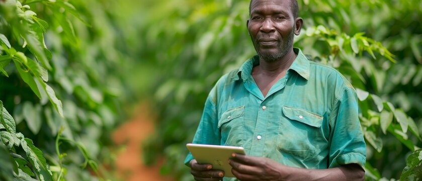 In the green farm, an African farmer holds a tablet while standing