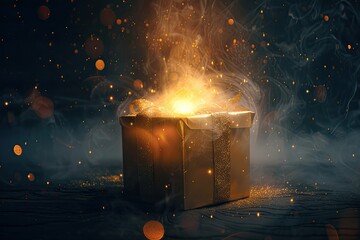 A mysterious gift box with a glowing light escaping from the slightly open lid sparking curiosity and excitement - obrazy, fototapety, plakaty