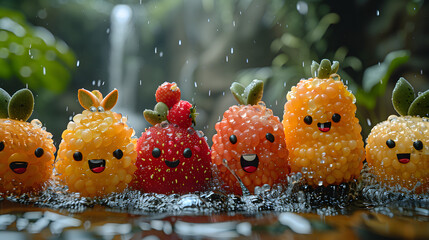 An array of delightful berry and citrus fruit characters with endearing smiles are basking in a refreshing rain shower amidst a verdant backdrop