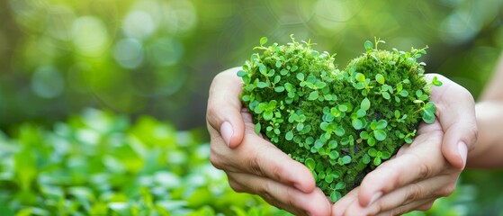 Naklejka na ściany i meble Hands holding green heart-shaped trees, love for the environment, caring for nature, nourishing flowers on World Environment Day