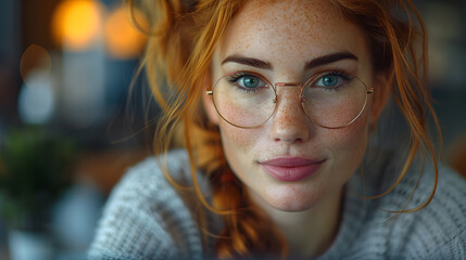 Close-up of a young woman with red hair and freckles, wearing delicate gold-rimmed glasses, with a warm bokeh background