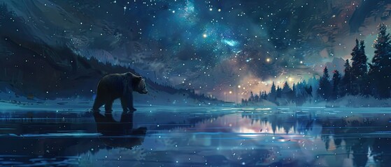 A solitary bear fishing in a cosmic river with the water reflecting the constellations above
