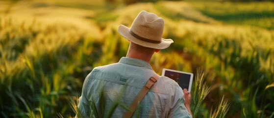 Farmers in hats stand in green wheat fields and operate drones which fly over margins. Male uses tablet device as controller. Agriculture technology. Back view. - obrazy, fototapety, plakaty