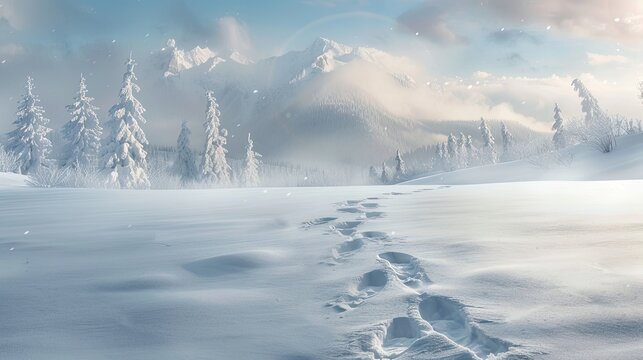 A snowy landscape with two sets of footprints converging into one path symbolizing companionship and shared journeys