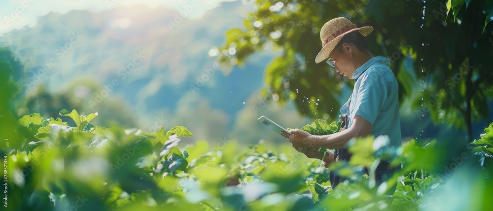 Poster agronomist farmer with digital tablet checking quality. smart farming using modern technology in agr
