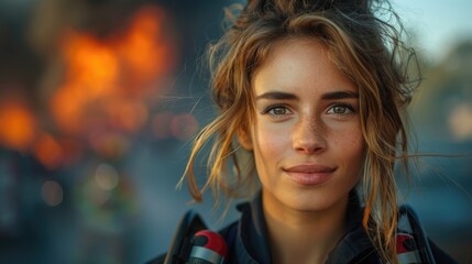 Fototapeta premium Female firefighter with helmet in front of fire. Close-up portrait with vivid sparks and flames.