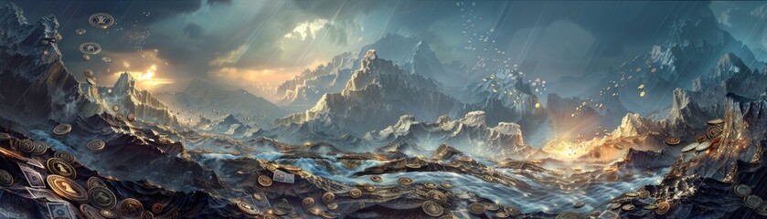 A fantasy landscape where mountains of coins and rivers of banknotes clash under a sky lit by financial forecasts