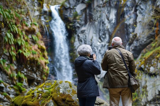 mature couple taking photographs of a waterfall