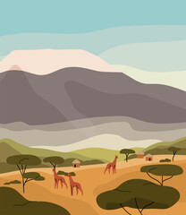 Kenya landscape with mountains row on skyline. Countryside of Africa: tribal village with huts, cabins. Wild giraffes, African acacia trees on savanna valley, grassland. Flat vector illustration