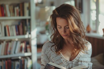 Young woman enjoying a book in a cozy home setting with sunlight