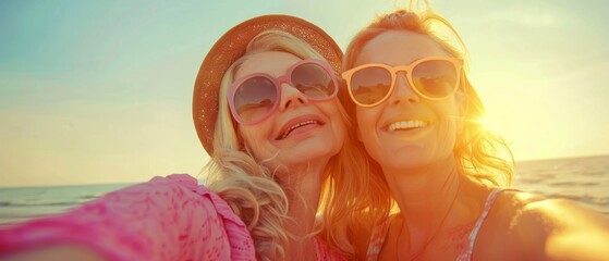 They are doing Selfe on the beach with their adult daughter