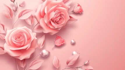 3D illustration of a pink rose with water drops on a pink background.