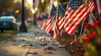American flags lining sidewalk in autumn. Veterans Day or Memorial Day concept with place for text