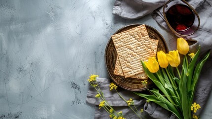 Matzah flatbread with yellow tulips on a dark textured background.