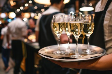 waiter carrying tray with champagne glasses in a busy restaurant - obrazy, fototapety, plakaty