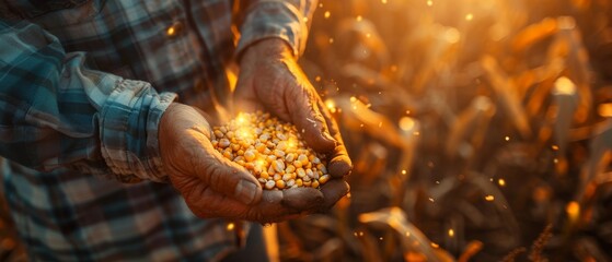 Harvesting corn seed by a young farmer - obrazy, fototapety, plakaty