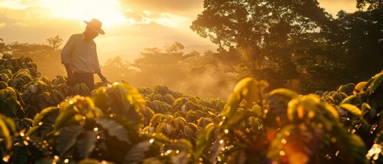Working on a coffee field at sunset in the open air. - obrazy, fototapety, plakaty
