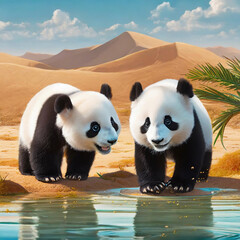 사막속 오아시스를 발견한 쌍둥이 판다