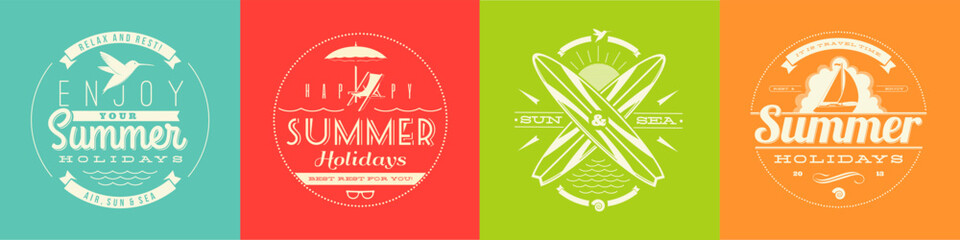 Set of summer vacation, holidays and trave emblems with lettering. Vector illustration. - 768572654