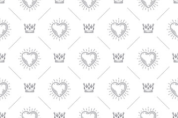 Seamless background with royal crown and shining heart - pattern for wallpaper, wrapping paper, book flyleaf, envelope inside, etc. Vector illustration. - 768572828
