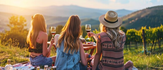 Young female friends enjoying a summer picnic while drinking wine and observing the sunset and hill...