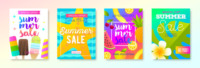 Set of summer sale promotion banner. Summer holidays and travel colorful bright background. Vacation poster design. Vector illustration. - 768572858