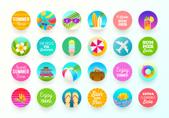Set of summer vacation and travel label, tag and sticker. Vector illustration. Design elements. - 768572870