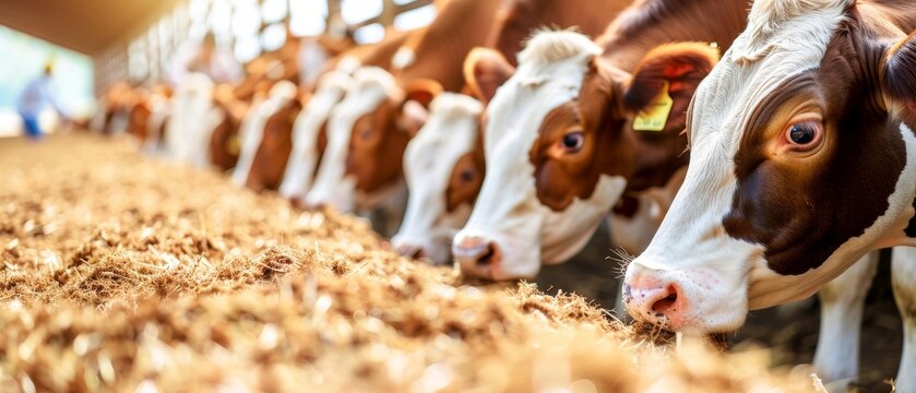 A row of stables in a cattle farm barn with healthy dairy cows eating fodder and a worker adding food for the animals in the blurred background is a concept of farming business and taking good care