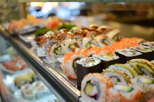 fresh sushi display at a japanese diner counter