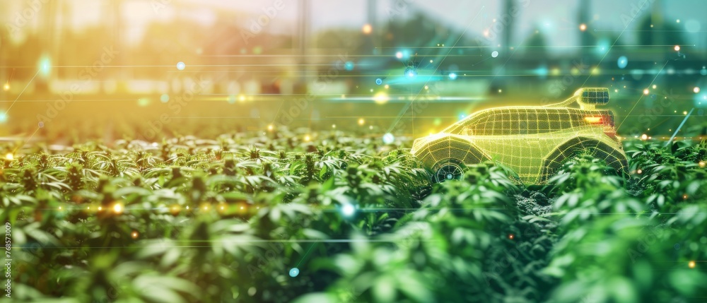 Poster future 5g technology with agriculture robotics and autonomous cars working on smart farms