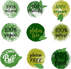 Set of hand drawn emblems with organic food, eco food, fresh, natural, gluten free, bio food. Vector design element - 768573008