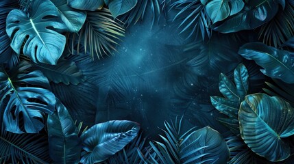 Tropical leaves in blue color on isolated blue background, copy space. generative AI image