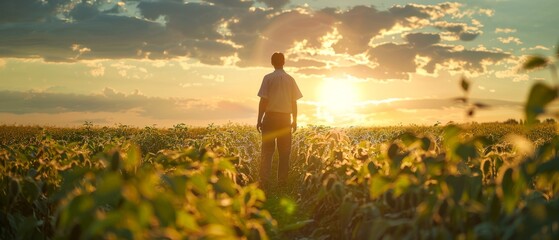 The farmer stands in a field of growing soybeans, pleased with the progress of the plants. - Powered by Adobe