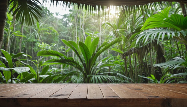 Wooden table top with blur background of amazon rainforest colorful background