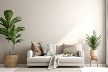 Fototapeta na wymiar Minimalist chic living room with natural accents