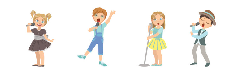 Little Children Singing with Microphone Performing on Stage Vector Set