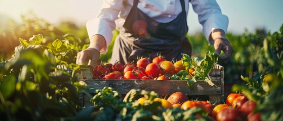Female chef harvesting fresh vegetables in a field. Self-sustaining female chef arranging fresh fruits and vegetables into a crate on an organic farm.