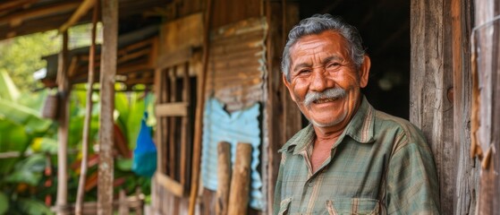 A Hispanic man is proud of his roots as he smiles outside his house in a rural area