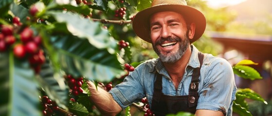 An Arabica coffee bean is picked by a happy farmer from the coffee tree. - obrazy, fototapety, plakaty